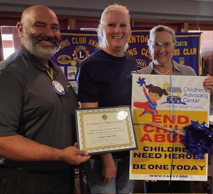 Children’s Advocacy Center of Van Zandt County Executive Director Sharyn Casey, middle, was presented with a ‘Certificate of Appreciation’ March 27 by the Canton Lions Club as she was the guest speaker at the weekly luncheon. Standing with Casey is Canton Lions Club President Jesse Carranza and Lion Anna McDaniel. Courtesy photo